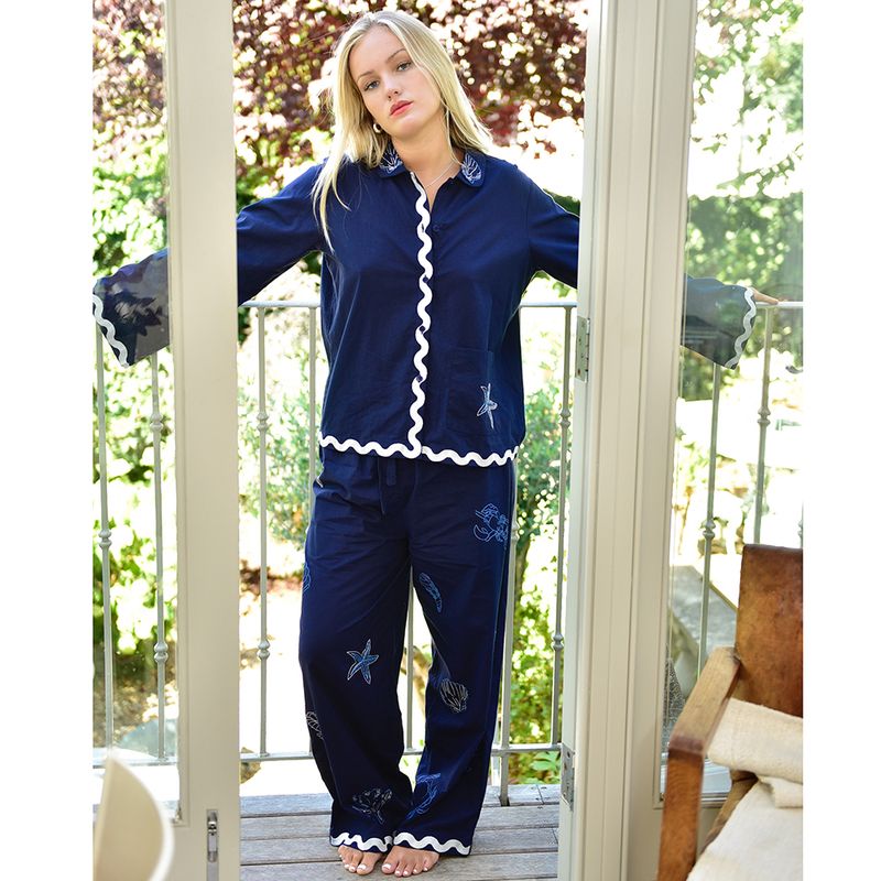 Navy Blue Embroidered Sea Shell Cotton Pyjamas