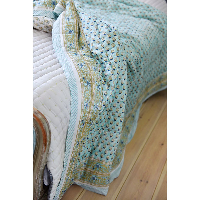 Turquoise Floral Indian Block Printed Cotton Bed Quilt