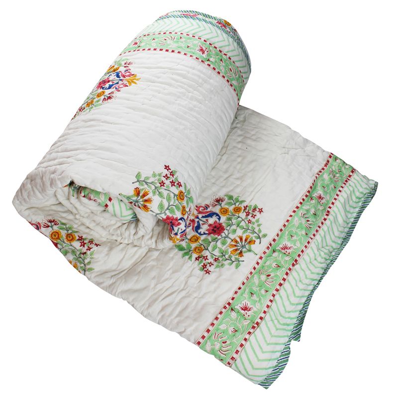 Colourful Floral Motif Indian Block Printed Cotton Bed Quilt