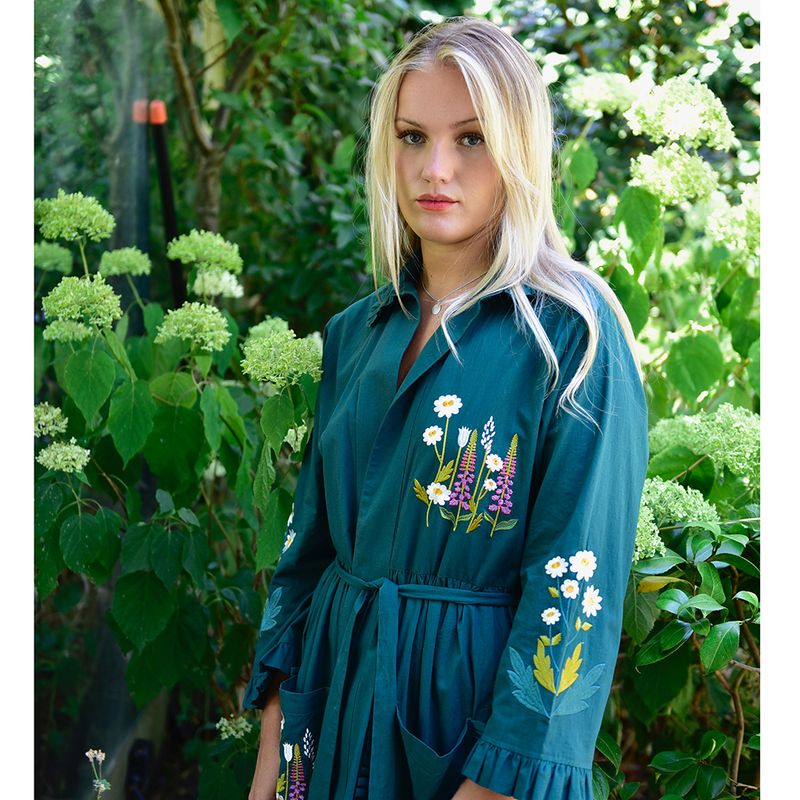 Forest Green Embroidered Floral Cotton Dressing Gown