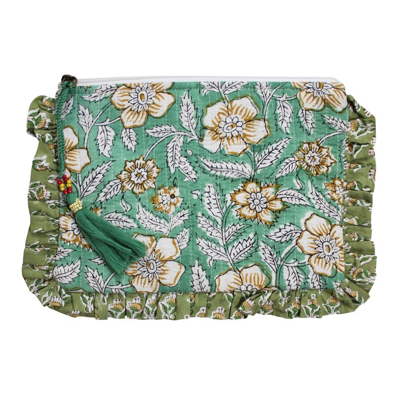 Block Printed Green Succulent & Mustard Floral Quilted Ruffle Make Up Bag