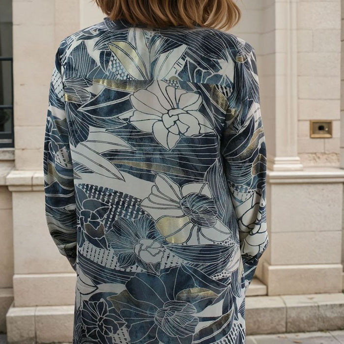 'Maren' Buttoned Navy, Cream & Gold Abstract Floral Print Shirt Dress