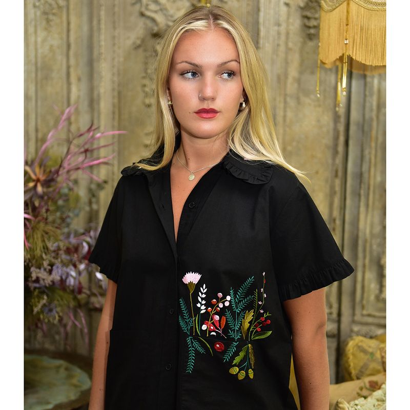 Midnight Black Embroidered Woodland Cotton Short Pyjama Set