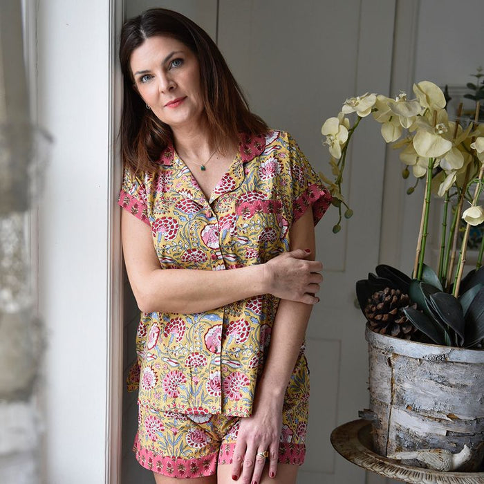 Yellow & Pink Carnation Cotton Short Pyjama Set