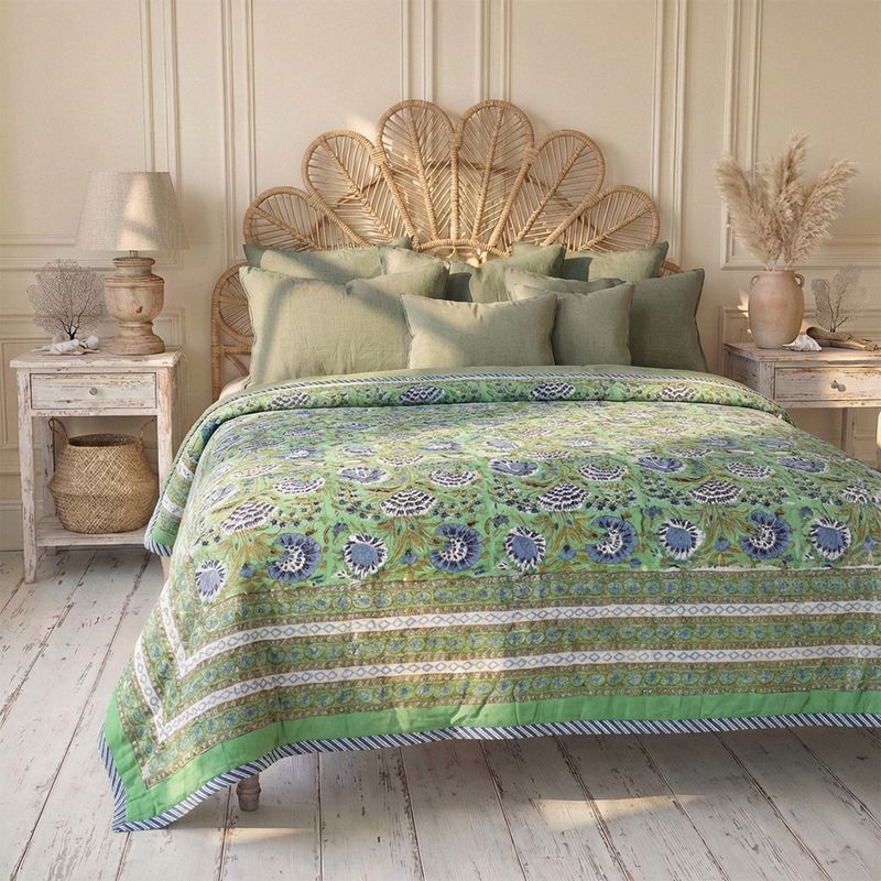 Green & Blue Floral Indian Block Printed Cotton Bed Quilt