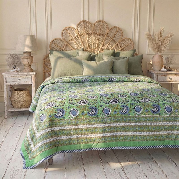 Green & Blue Floral Indian Block Printed Cotton Bed Quilt