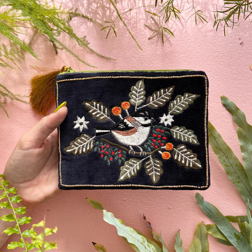 Secret Garden Coal Tit Velvet Pouch