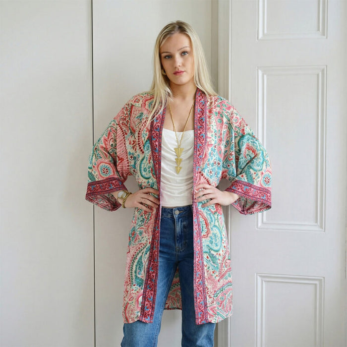 Pink & Blue Paisley Print Viscose Long Summer Jacket