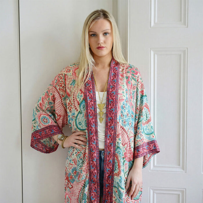 Pink & Blue Paisley Print Viscose Long Summer Jacket