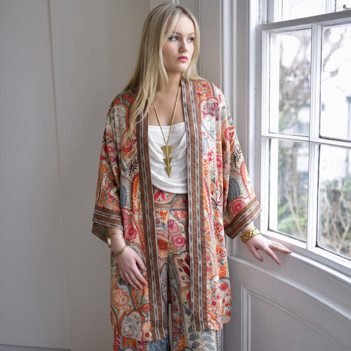 Pink, Orange & Cream Floral Tile Print Viscose Long Summer Jacket