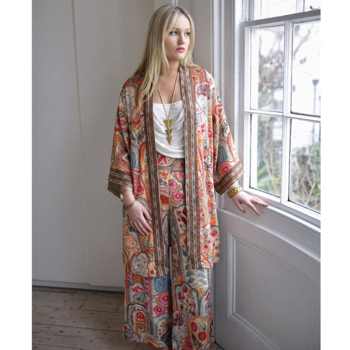Pink, Orange & Cream Floral Tile Print Viscose Long Summer Jacket