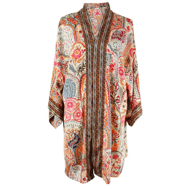 Pink, Orange & Cream Floral Tile Print Viscose Long Summer Jacket