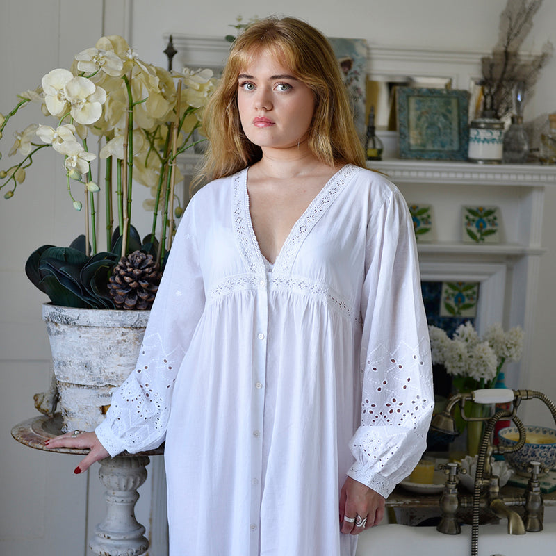 Ladies Long Sleeve Embroidered Nightdress with Lace 'Clarissa'