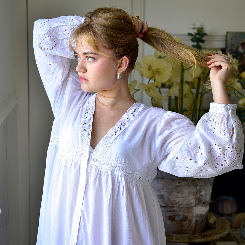 Ladies Long Sleeve Embroidered Nightdress with Lace 'Clarissa'