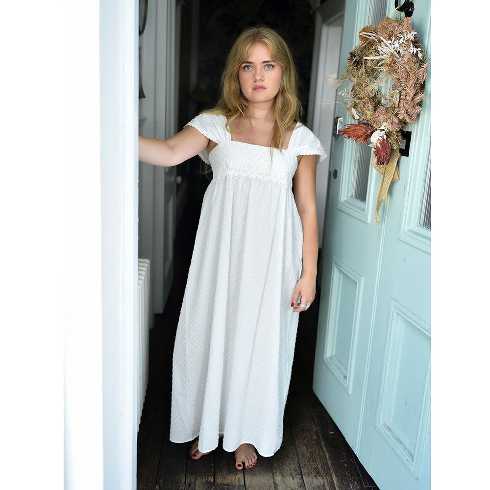 Ladies Capped Sleeve Swiss Dot Nightdress with Lace 'Maud'