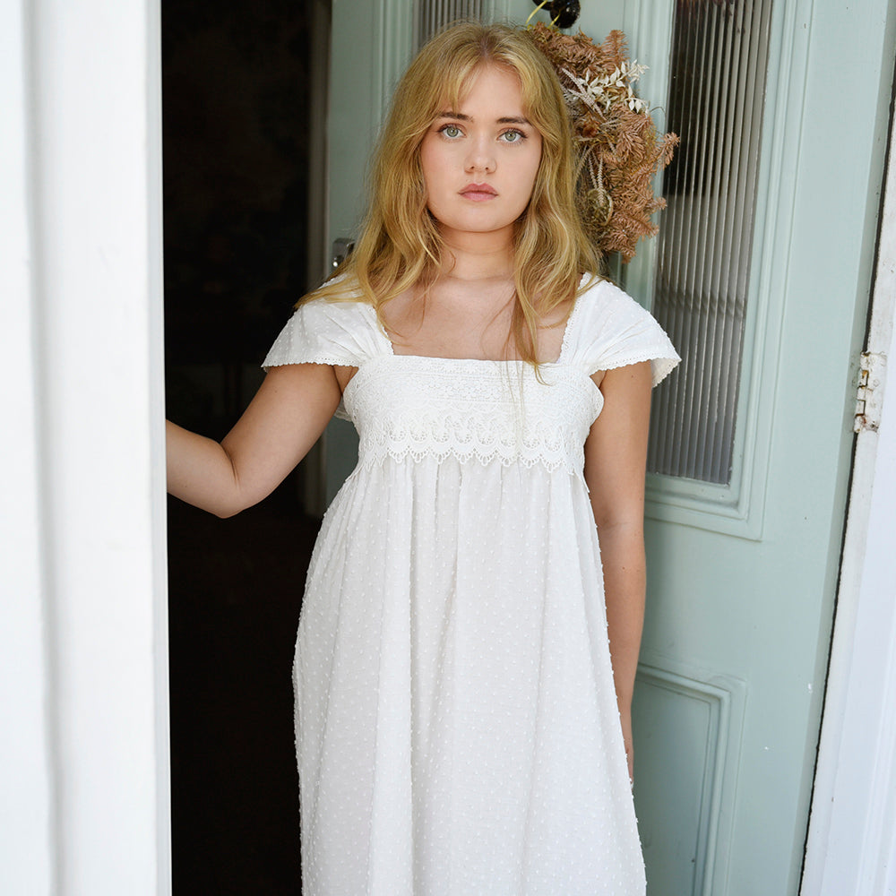 Ladies Capped Sleeve Swiss Dot Nightdress with Lace 'Maud'