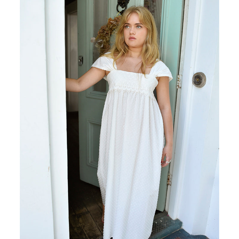 Ladies Capped Sleeve Swiss Dot Nightdress with Lace 'Maud'