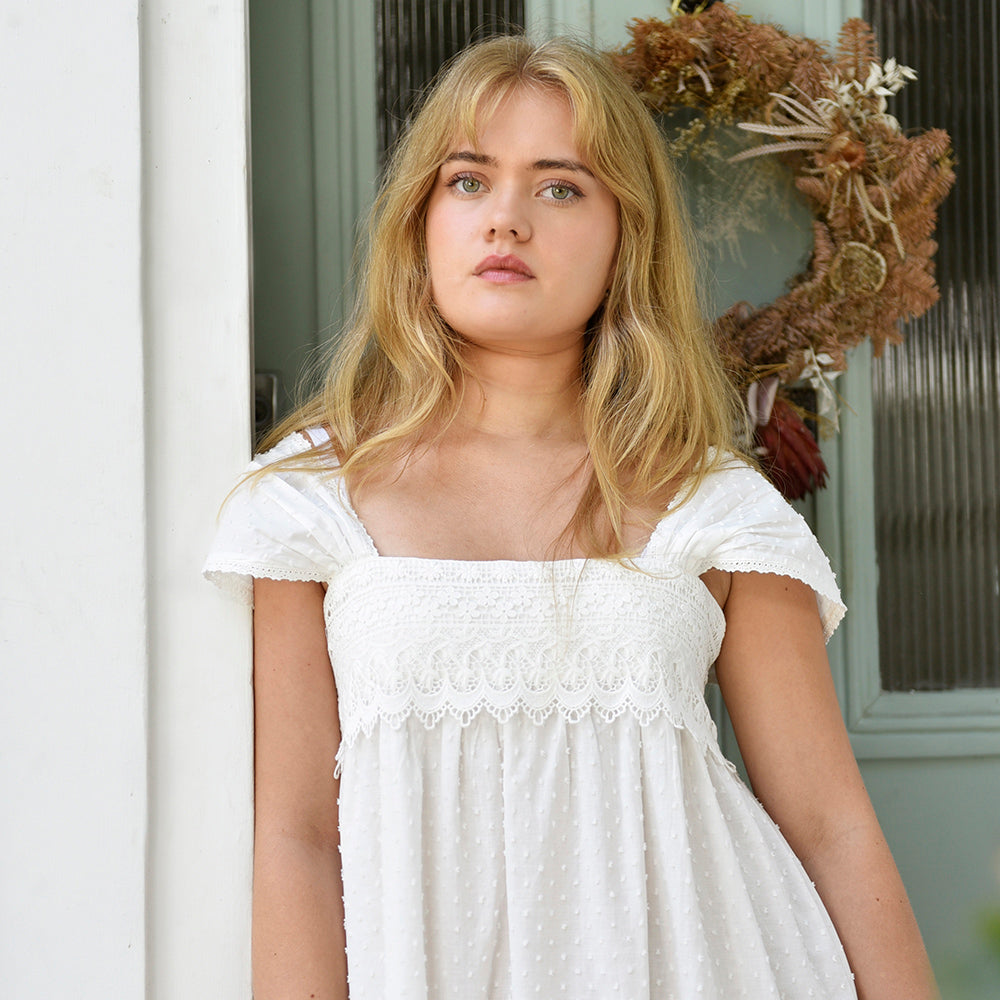 Ladies Capped Sleeve Swiss Dot Nightdress with Lace 'Maud'