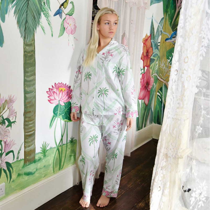 Ladies Pink Floral Palm Print Cotton Pyjamas