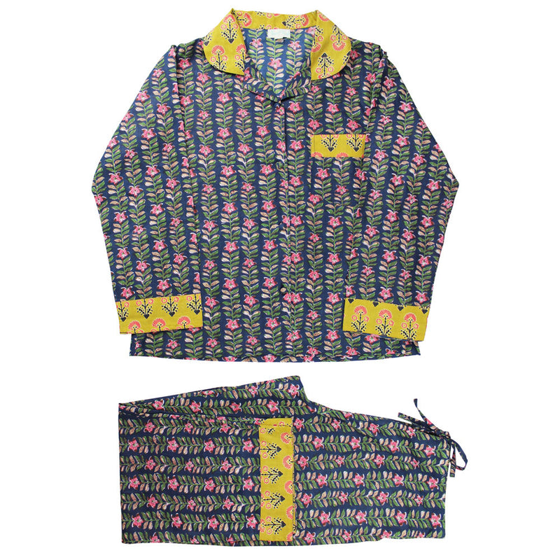 Block Printed Navy Blue, Mustard & Pink Lily Cotton Pyjamas