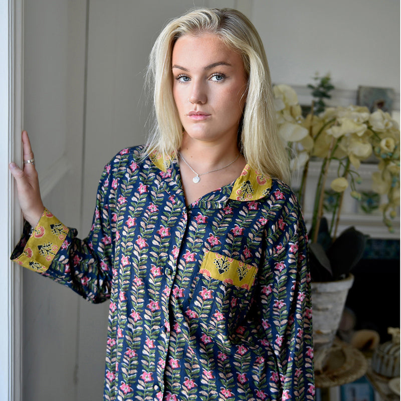 Block Printed Navy Blue, Mustard & Pink Lily Cotton Pyjamas