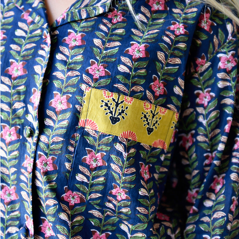 Block Printed Navy Blue, Mustard & Pink Lily Cotton Pyjamas