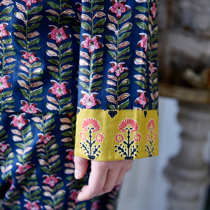 Block Printed Navy Blue, Mustard & Pink Lily Cotton Pyjamas