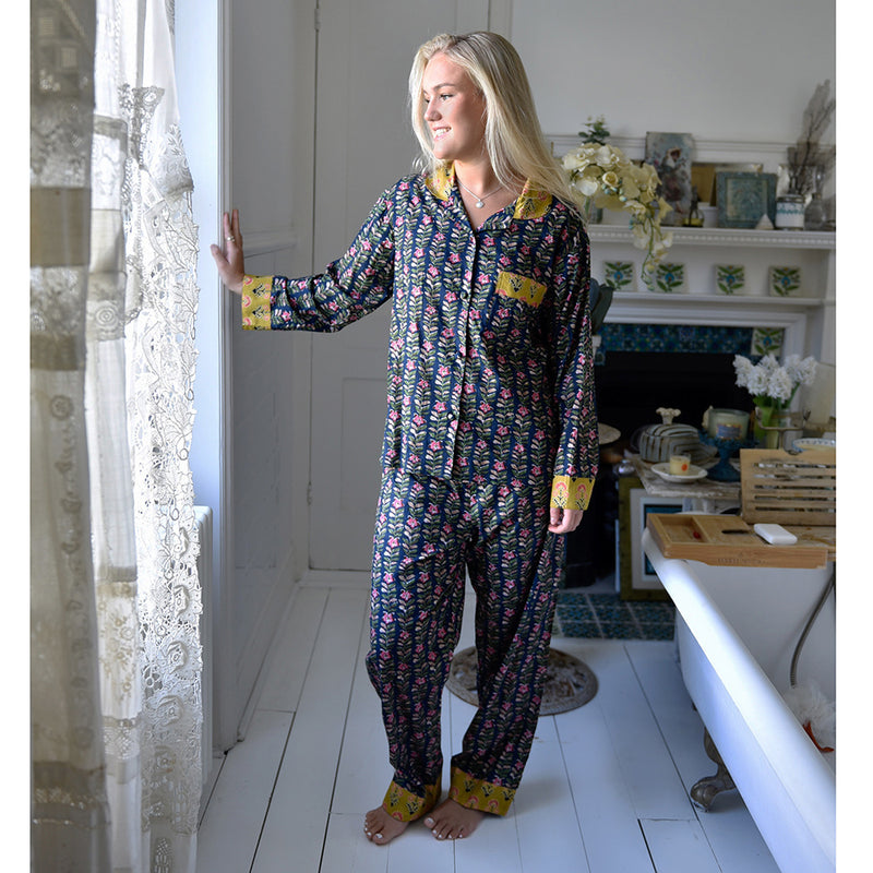 Block Printed Navy Blue, Mustard & Pink Lily Cotton Pyjamas