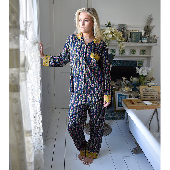 Block Printed Navy Blue, Mustard & Pink Lily Cotton Pyjamas