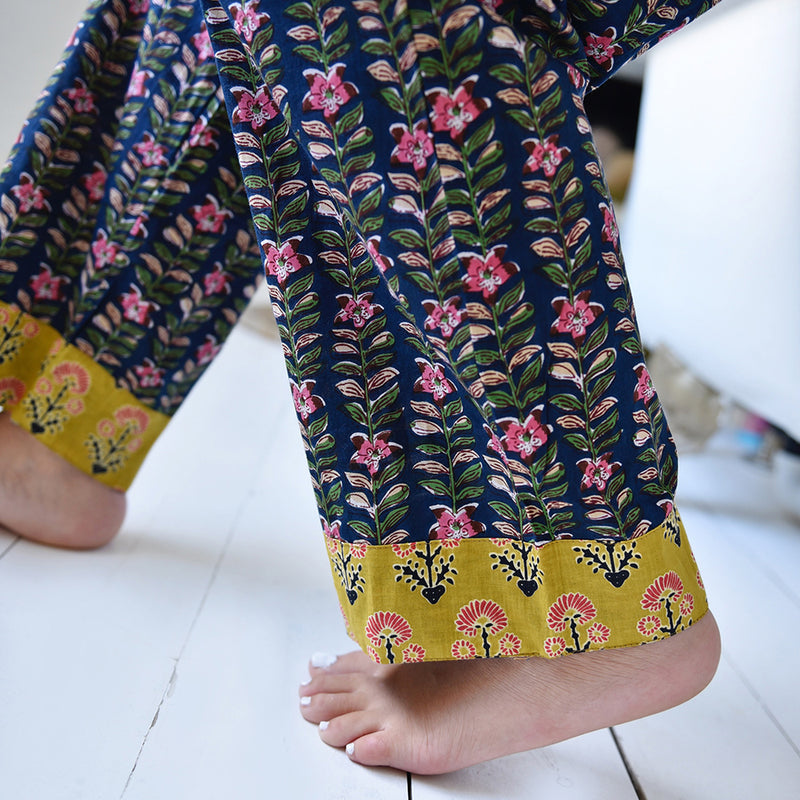 Block Printed Navy Blue, Mustard & Pink Lily Cotton Pyjamas