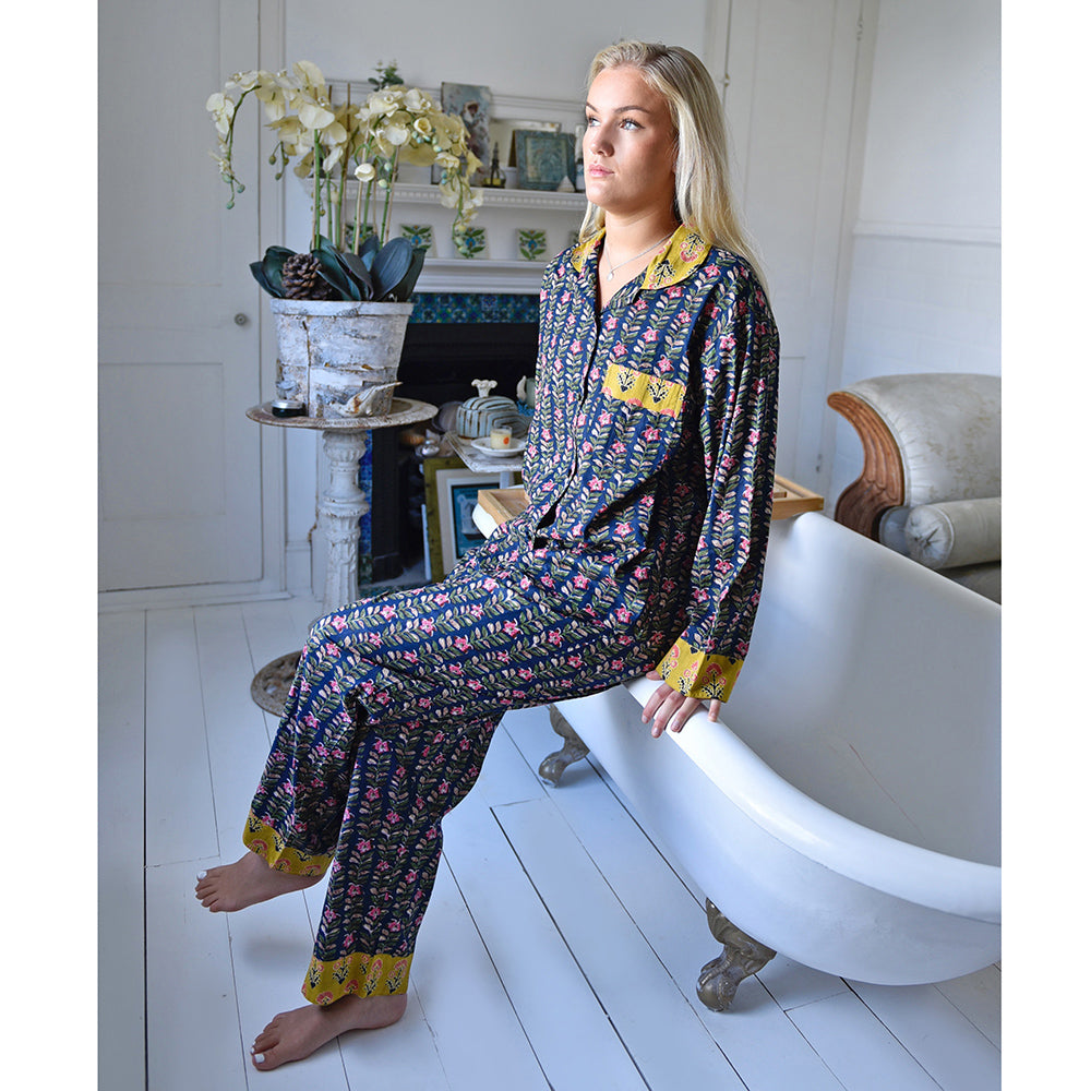 Block Printed Navy Blue, Mustard & Pink Lily Cotton Pyjamas