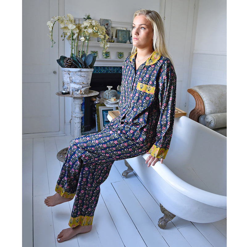 Block Printed Navy Blue, Mustard & Pink Lily Cotton Pyjamas