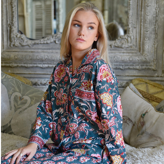 Block Printed Pine Green, Red & Mustard Floral Cotton Pyjamas