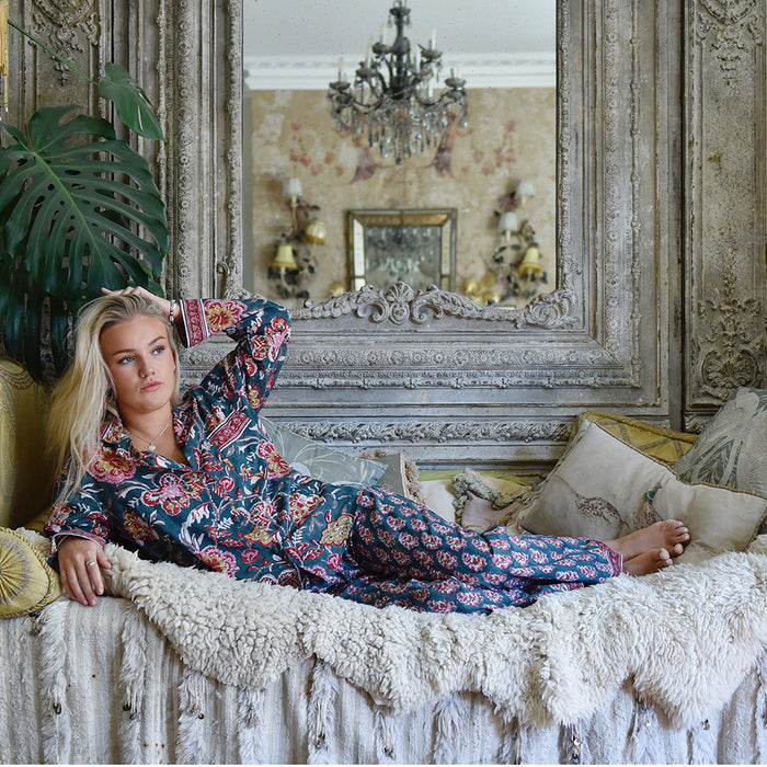 Block Printed Pine Green, Red & Mustard Floral Cotton Pyjamas