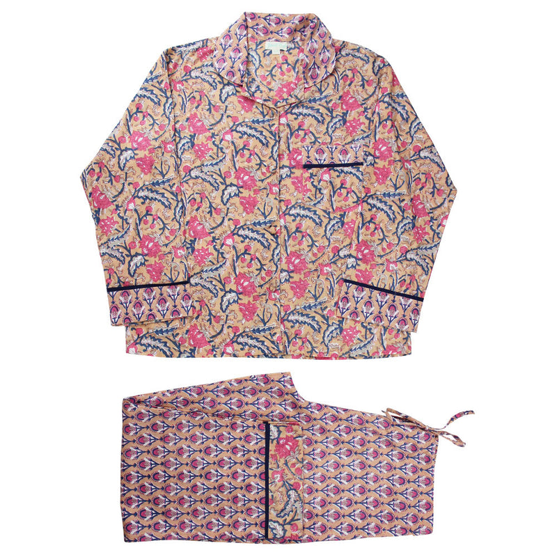 Block Printed Apricot, Navy & Persian Red Floral Cotton Pyjamas