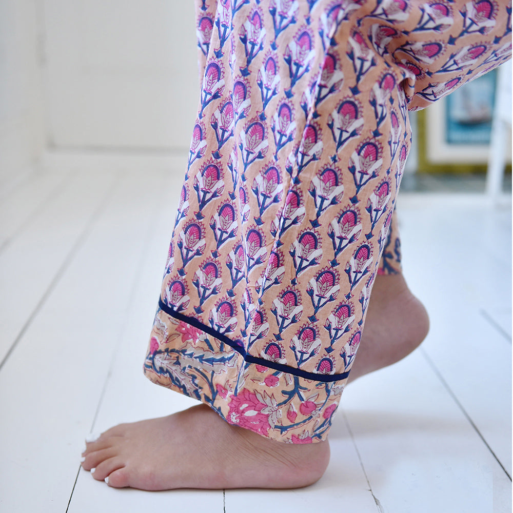 Block Printed Apricot, Navy & Persian Red Floral Cotton Pyjamas