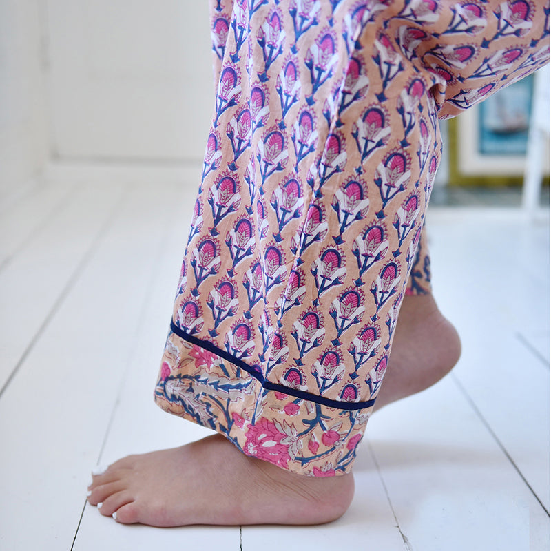 Block Printed Apricot, Navy & Persian Red Floral Cotton Pyjamas