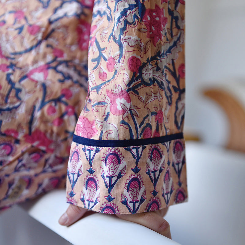 Block Printed Apricot, Navy & Persian Red Floral Cotton Pyjamas