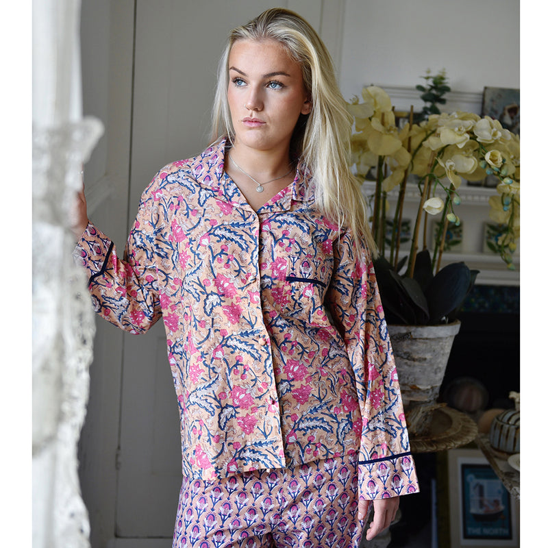 Block Printed Apricot, Navy & Persian Red Floral Cotton Pyjamas