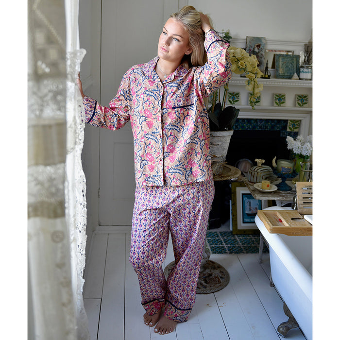 Block Printed Apricot, Navy & Persian Red Floral Cotton Pyjamas