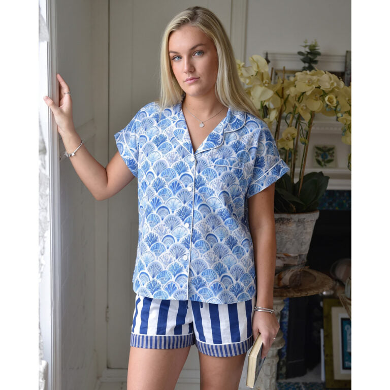 Blue & White Sea Shell Cotton Short Pyjama Set