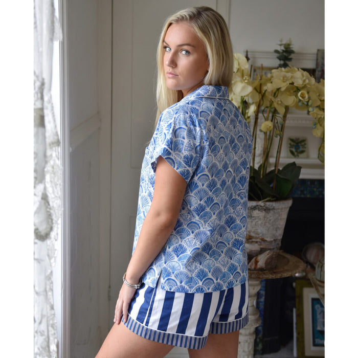 Blue & White Sea Shell Cotton Short Pyjama Set