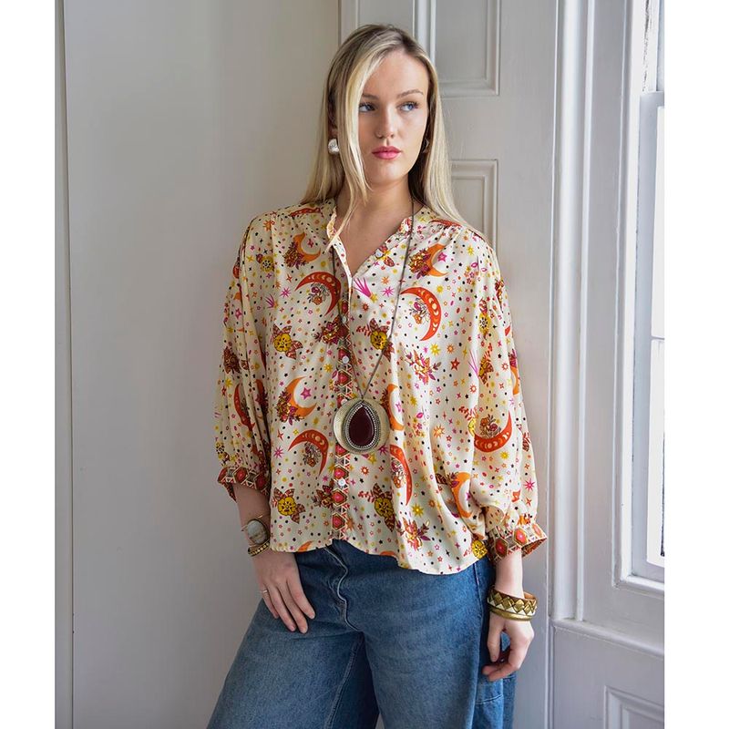 Celestial Moon & Stars Print Button Down Shirt