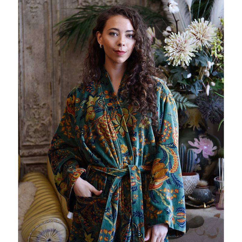 Velvet Green Exotic Bouquet Dressing Gown