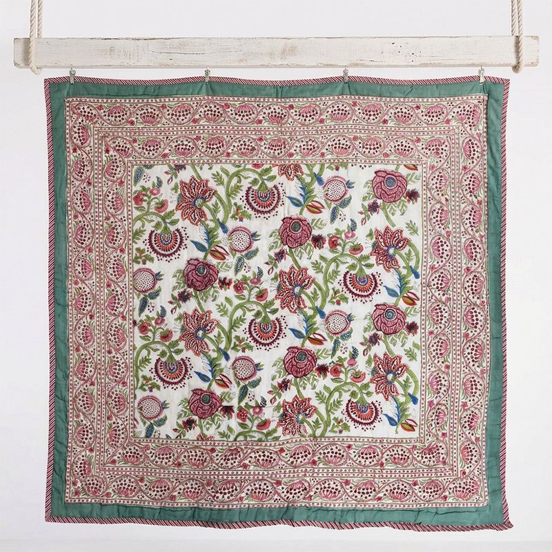 Turquoise, Pink & Burgundy Floral Indian Block Printed Cotton Bed Quilt