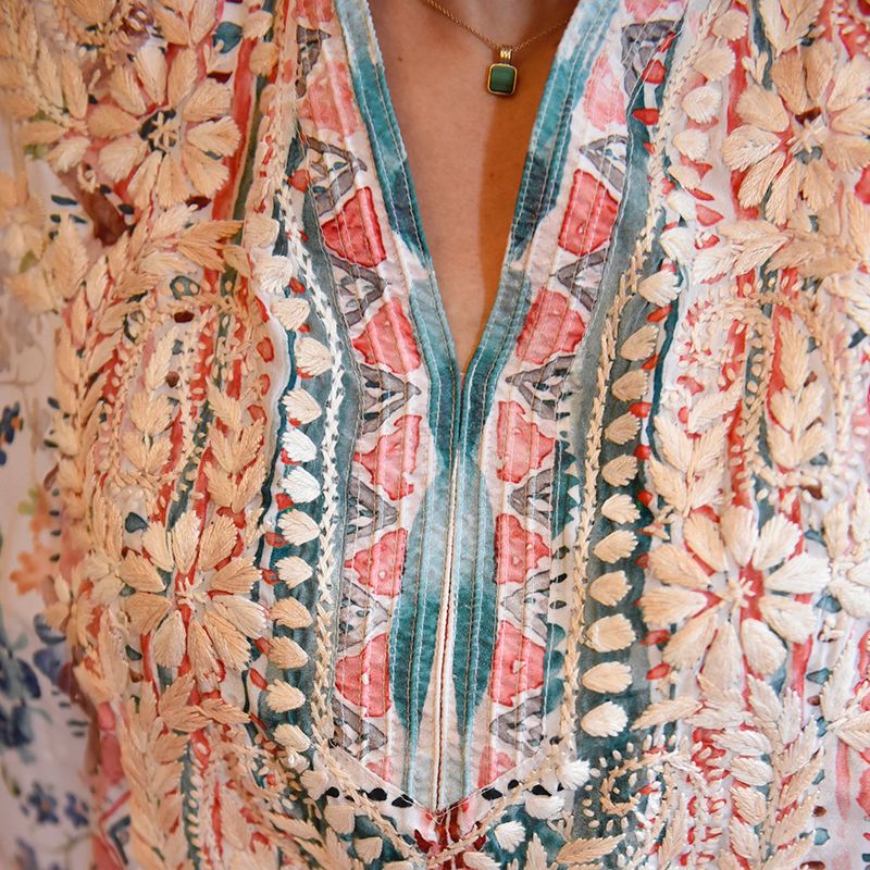 Watercolour Floral Viscose Kaftan with Heavy Cream Fishbone Embroidery