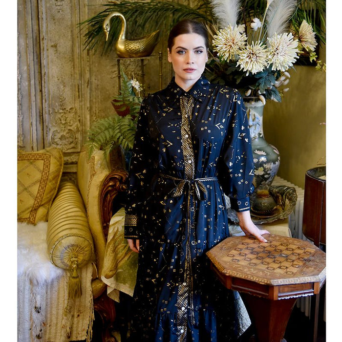 'Ember' Black & Gold Small Geo Print Long Tiered Dress