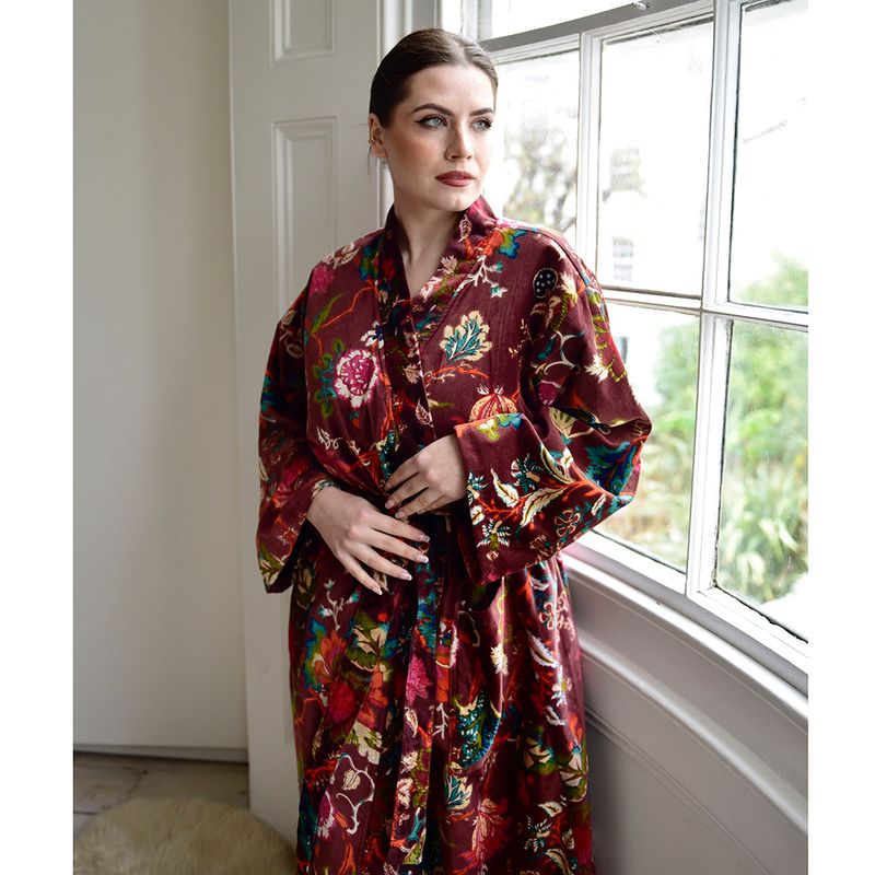 Velvet Burgundy Exotic Bouquet Dressing Gown