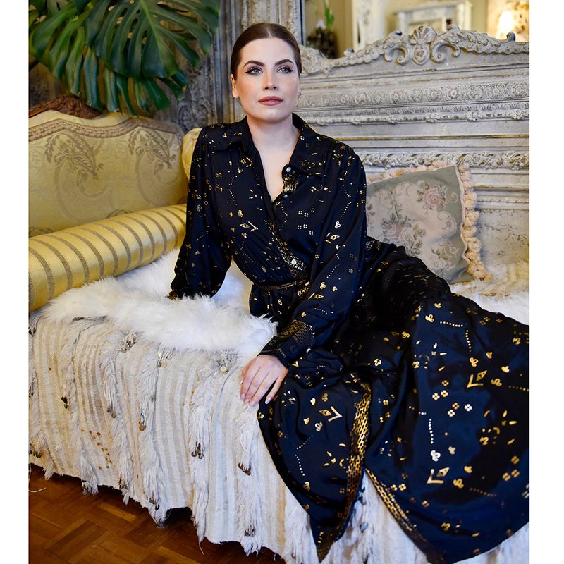 'Ember' Black & Gold Small Geo Print Long Tiered Dress