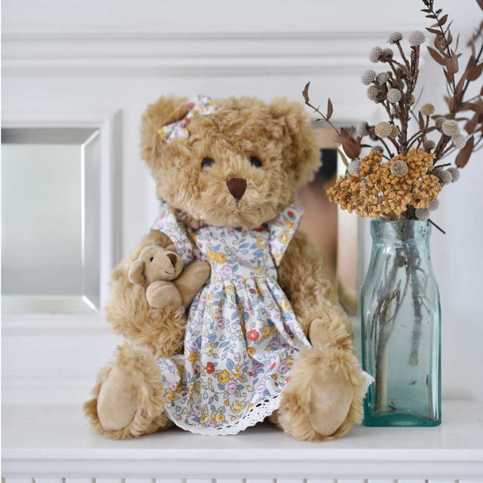 Teddy Bear In Floral Dress With Baby Bear